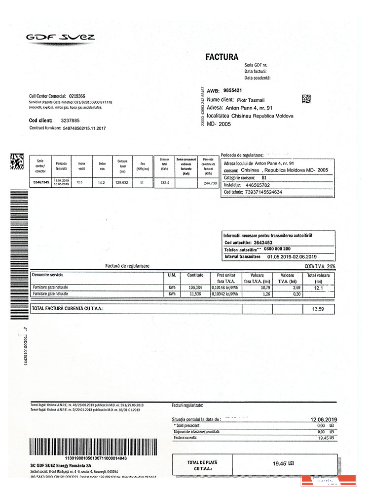 Moldova Gas utility bill template, fully editable in PSD format